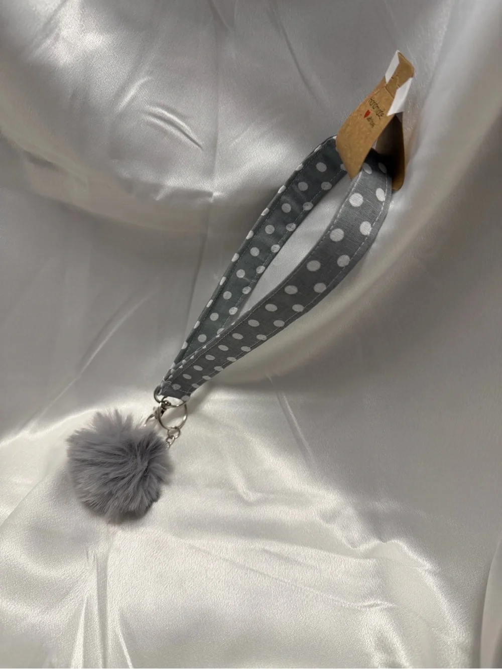 Handmade Gray and White Polka Dot Wristlet Keychain with Gray Pompom